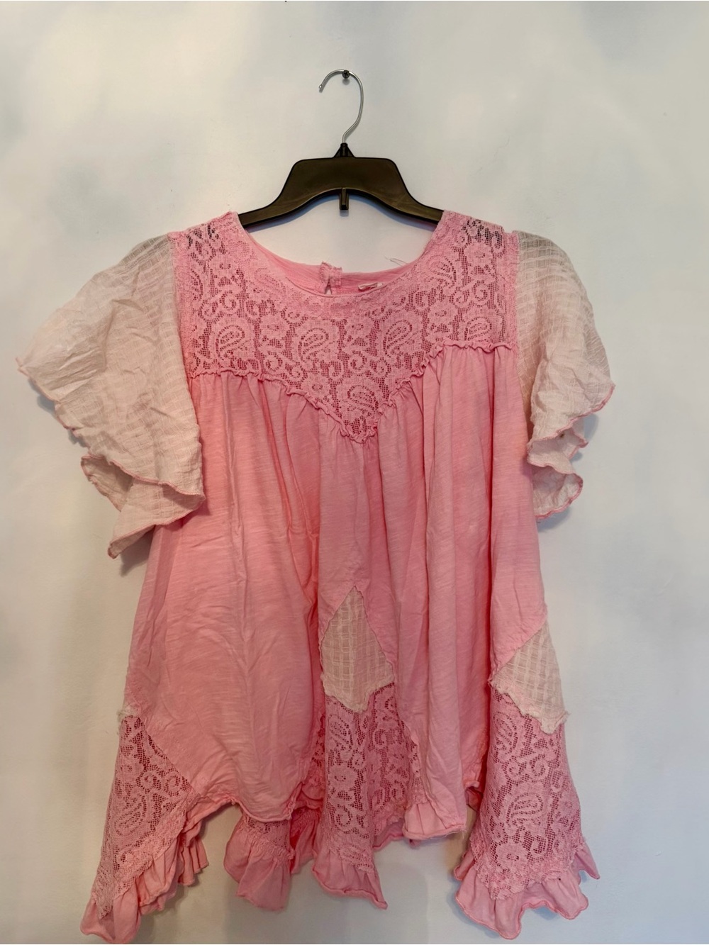 Pink Frilly Lace-Detail Women’s Peasant Top